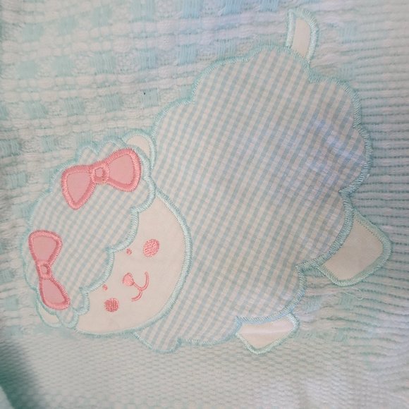 Vintage Baby Kisses Acrylic Made in Japan Baby Blanket Fringe Sheep Lamb Check - Picture 6 of 16